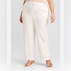 Ava & Viv Linen‑Blend Drawstring Pants – Cream – 1X